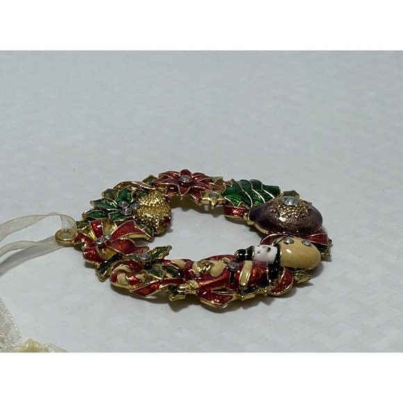 Gold Tone Metal Wreath Ornament Red Green Santa Snowman Bells Holly Ribbon - Picture 5 of 10